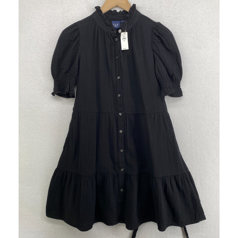 GAP Dress XS Crinkle Gauze Mini Tiered Ruffle Button Front Puff Sleeve Black NEW - Picture 2 of 16